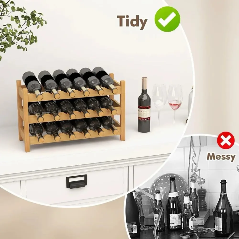 Giantex Bamboo Wine Rack 3 Tier 18 Bottle Freestanding Wine Storage Shelf